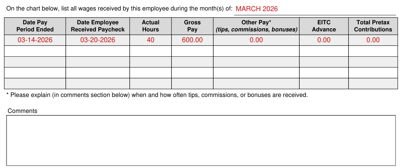 Form H1028 example filled out, wages received by this employee