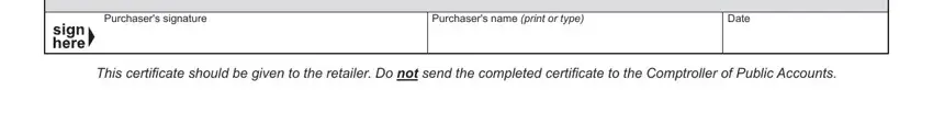 Purchasers signature, Purchasers name print or type, Date, and This certificate should be given in exemption farm texas