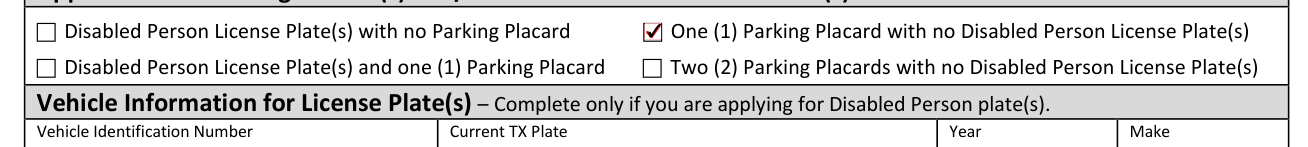 Form VTR-214 example filled out, application for Parking Placard(s) and/or Disabled Person License Plate(s)