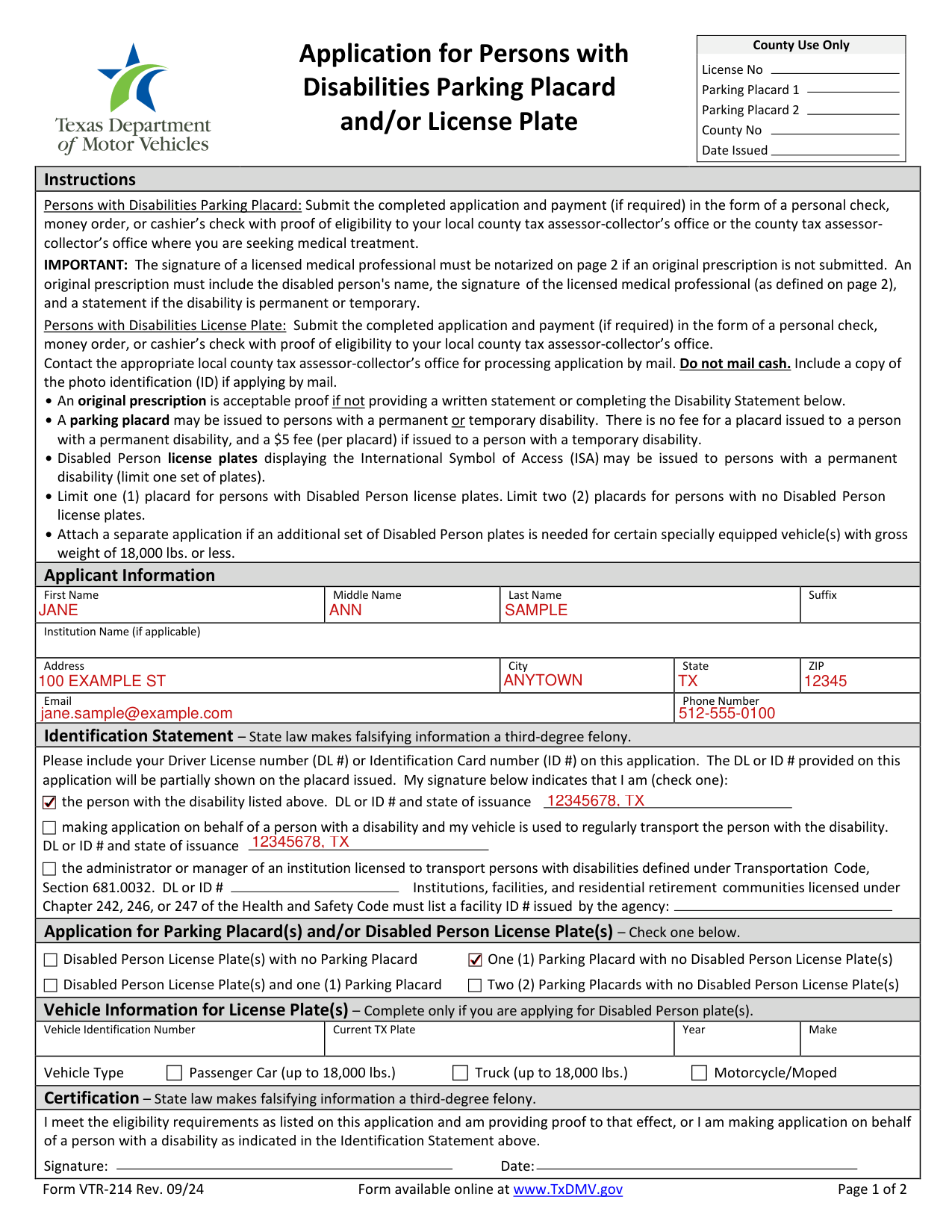 Form VTR-214 example filled out, example: an applicant asks for one parking placard