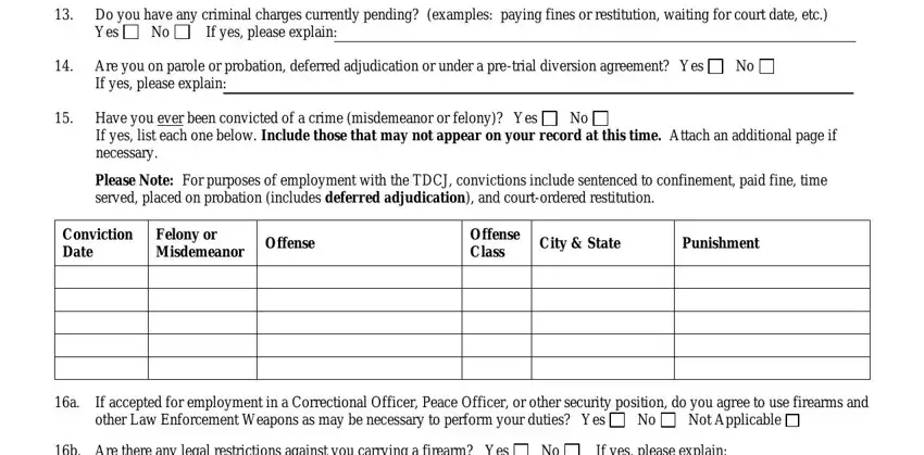 Texas Form Pers 282 Do you have any criminal charges, Yes, If yes please explain, Are you on parole or probation, If yes please explain, Have you UeverU been convicted of, If yes list each one below Include, Please Note For purposes of, Conviction Date, Felony or Misdemeanor, Offense, Offense Class, City  State, Punishment, and If accepted for employment in a fields to fill