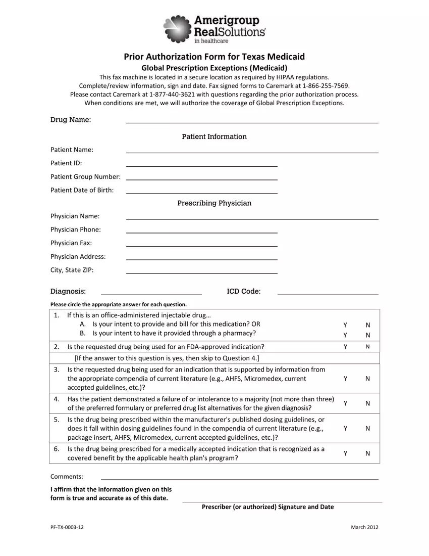 Texas Pre Authorization Request Form first page preview
