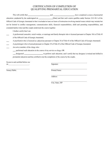 Texas Premarital Course Certificate Form Preview