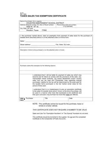 Texas Sales Tax Exemption Certificate Form Preview