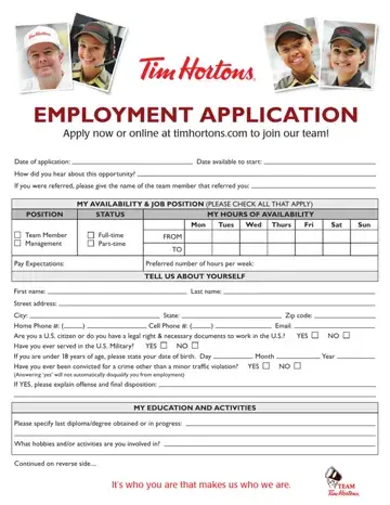 Tim Hortons Application Form Preview