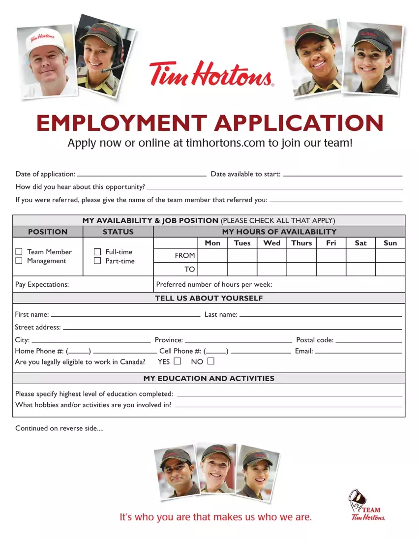 Tim Hortons Job Application first page preview