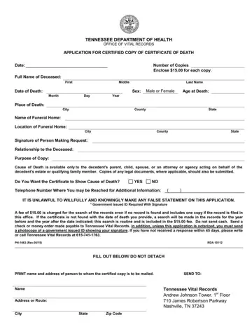 TN Death Certificate Example Form Preview