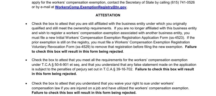 tennessee sos workers compensation exemption apply for the workers compensation, ATTESTATION, Check the box to attest that you, qualified and still meet the, Check the box to attest that you, under TCA  et seq and that you, Check the box to attest that you, and compensation law if you are fields to insert