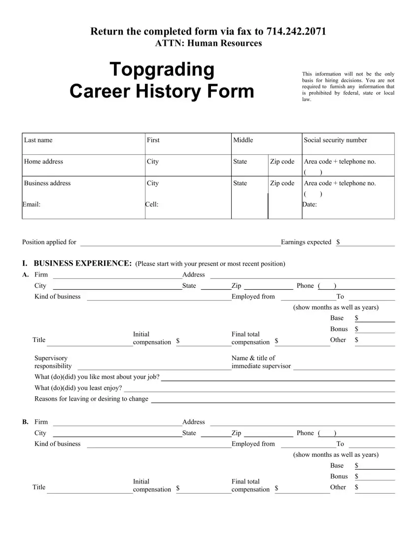 Topgrading Career History Form first page preview