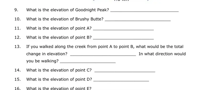 topographic map practice sheet answer key WhatistheelevationofGoodnightPeak, WhatistheelevationofBrushyButte, WhatistheelevationofpointA, WhatistheelevationofpointB, youbewalking, WhatistheelevationofpointC, and WhatistheelevationofpointD fields to complete