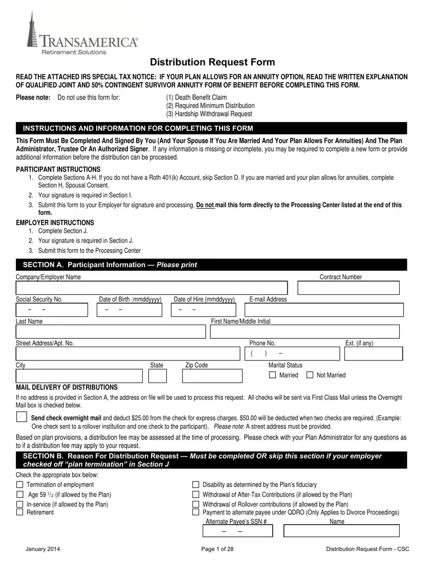 Transamerica 401K Withdrawal first page preview