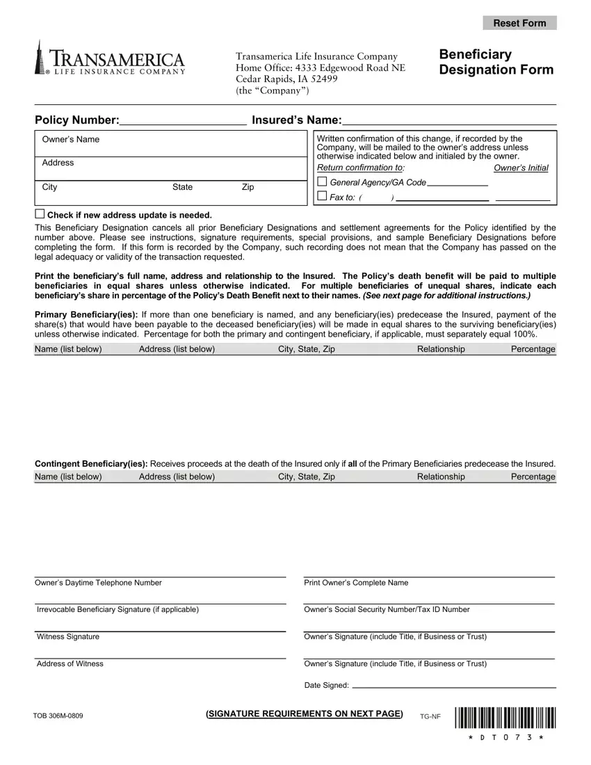 Transamerica Beneficiary Form first page preview
