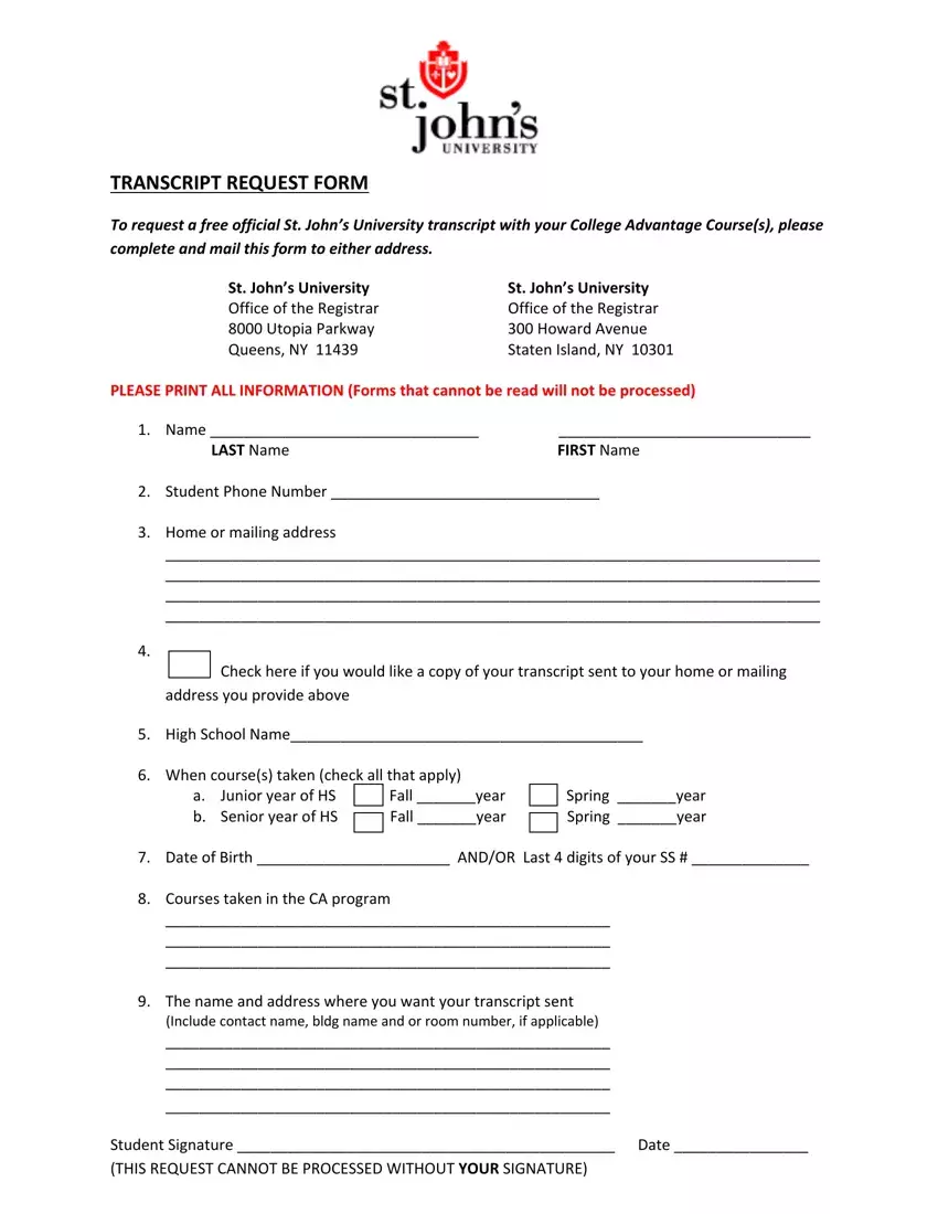 Transcript Request Johns University first page preview