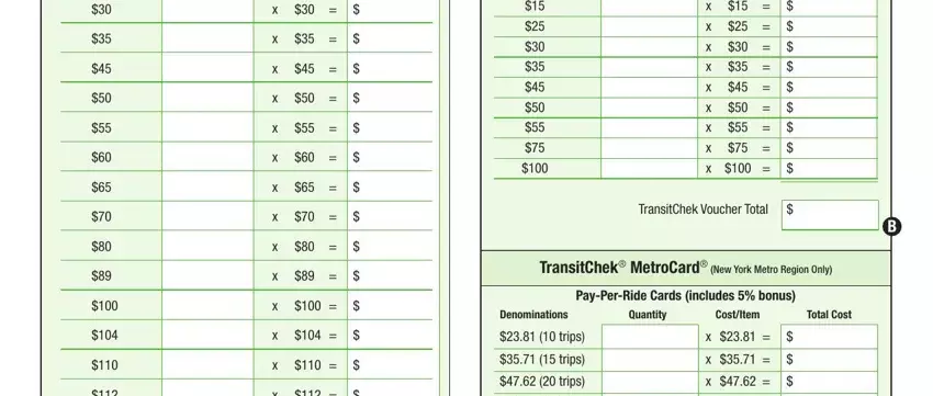 transitchek order form 2020 TransitChekVoucherTotal, TransitChekMetroCard, NewYorkMetroRegionOnly, PayPerRideCardsincludesbonus, Denominations, Quantity, CostItem, TotalCost, trips, trips, and trips fields to complete