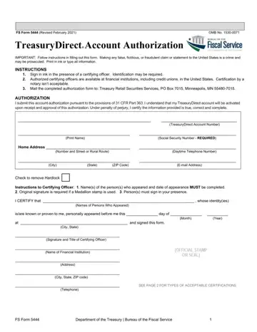 Treasury Direct Account Authorization Form Preview