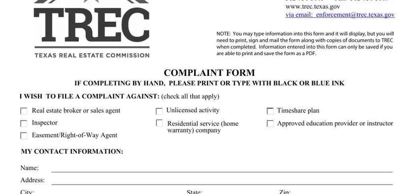 Filling out texas trec complaint stage 3