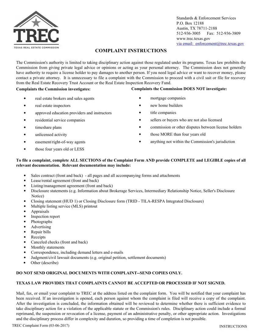 Trec Complaint Form first page preview