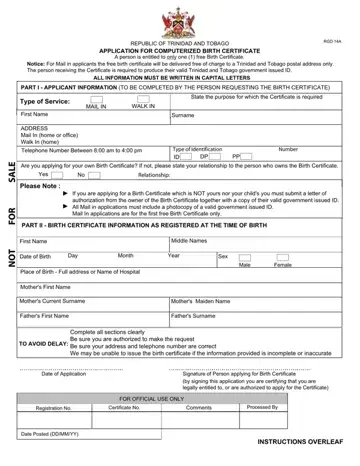 Trinidad Birth Certificate Application Form Preview