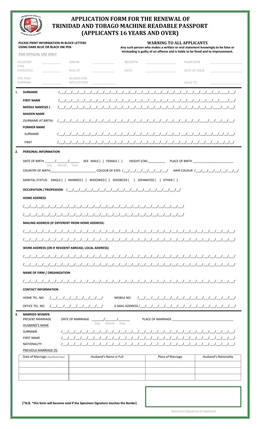 Trinidad Tobago Passport Form first page preview