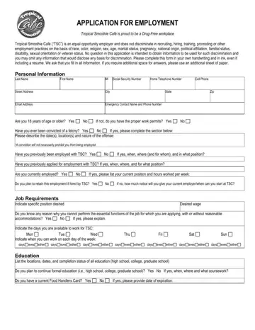Tropical Smoothie Job Application Form Preview