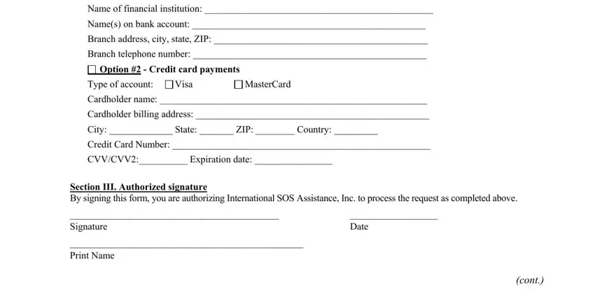 tricarae trr authorization form print Name of financial institution, Names on bank account, Branch address city state ZIP, Branch telephone number, Option   Credit card payments, Type of account, Visa, MasterCard, Cardholder name, Cardholder billing address, City  State  ZIP  Country, Credit Card Number, CVVCVV Expiration date, Section III Authorized signature, and Signature blanks to fill