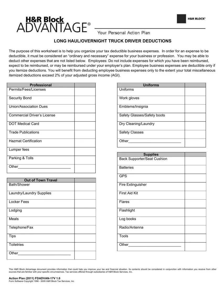 Truck Driver Expenses Worksheet PDF Form - FormsPal