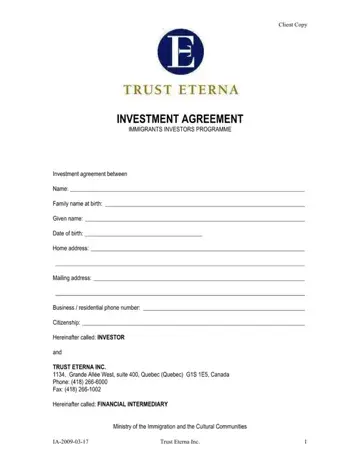 Trust Eterna Investment Agreement Form Preview