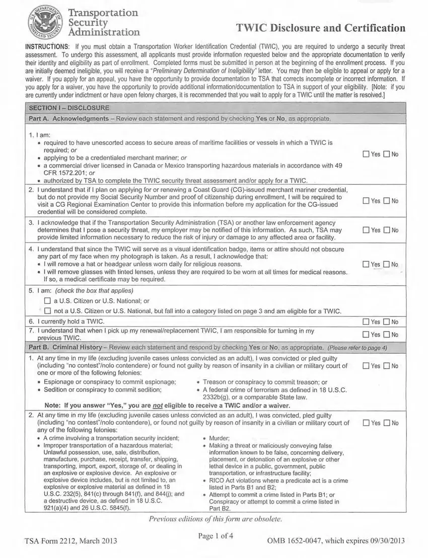 Tsa Form 2212 first page preview