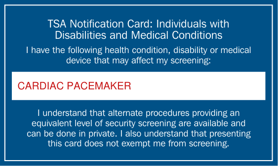 TSA Notification Card example filled out, example: a traveler lists a medical device