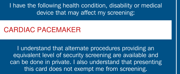 TSA Notification Card example filled out, i have the following health condition, disability or medical device that may affect my screening