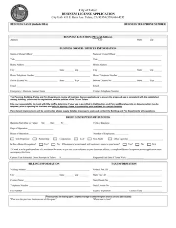 Tulare Business License Application Form Preview
