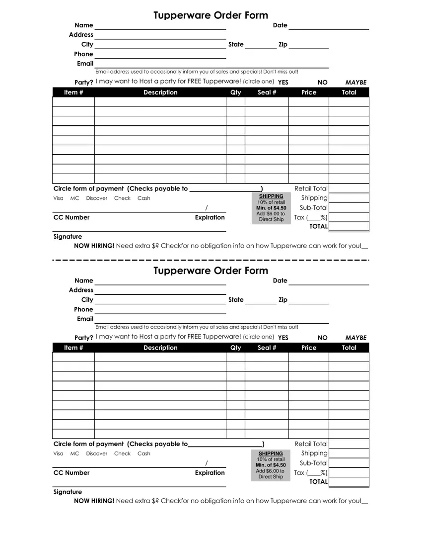 Tupperware Order Form first page preview
