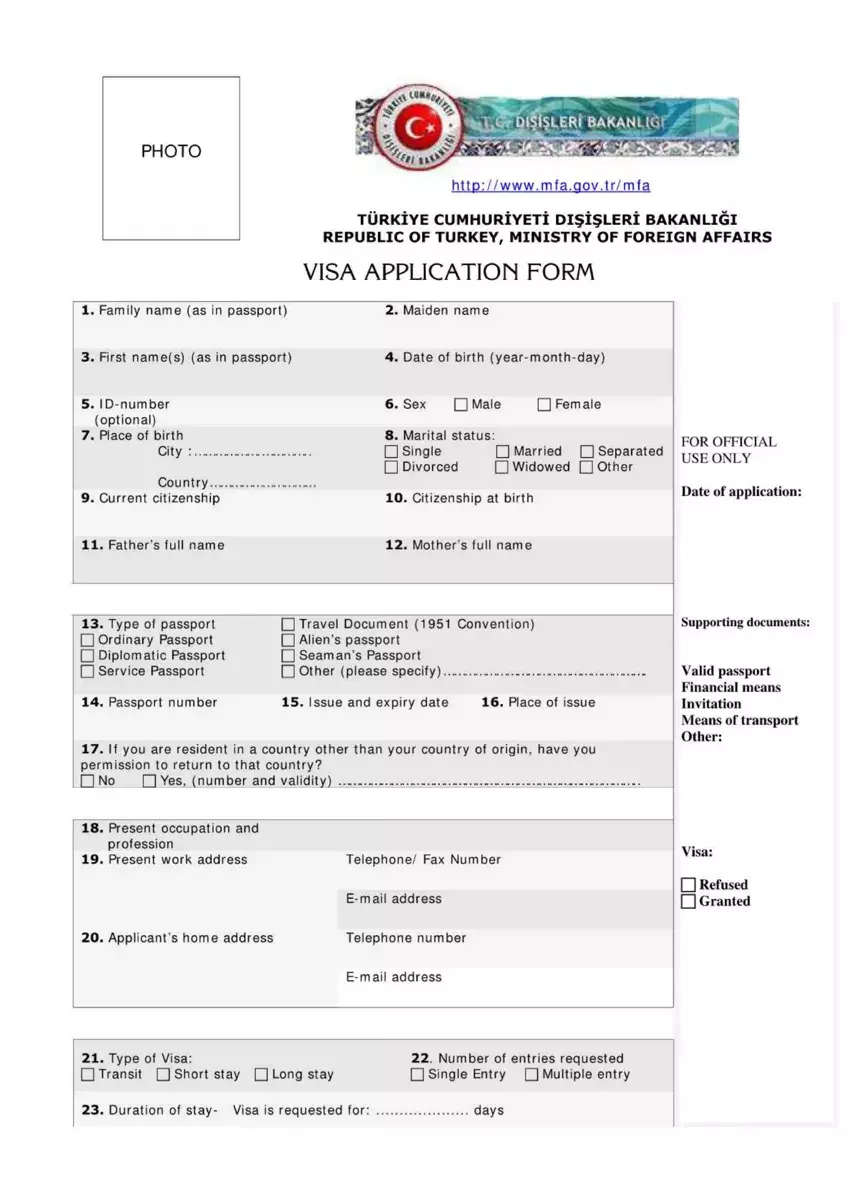 Turkey Visa Form first page preview