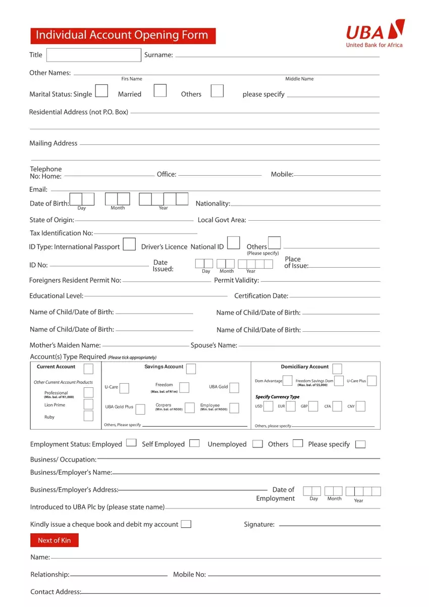 Uba Account Opening Form first page preview