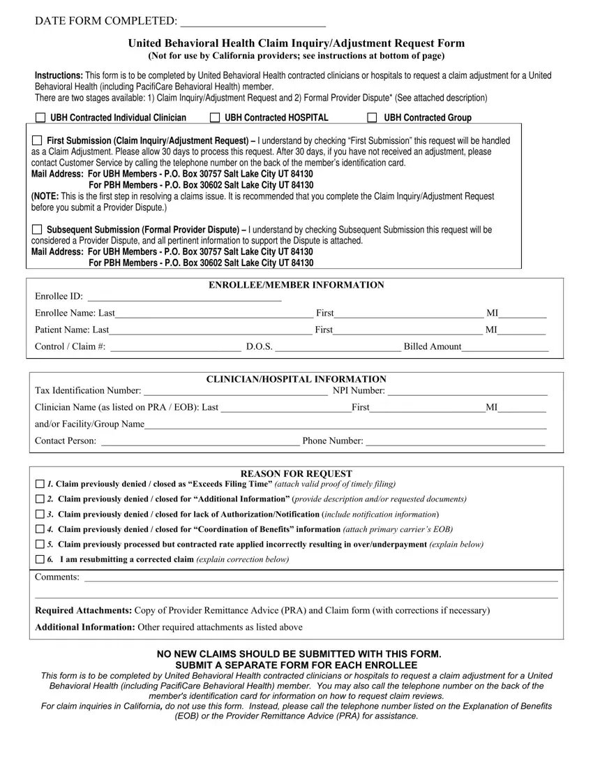 Ubh Health Claim Inquiry Form first page preview