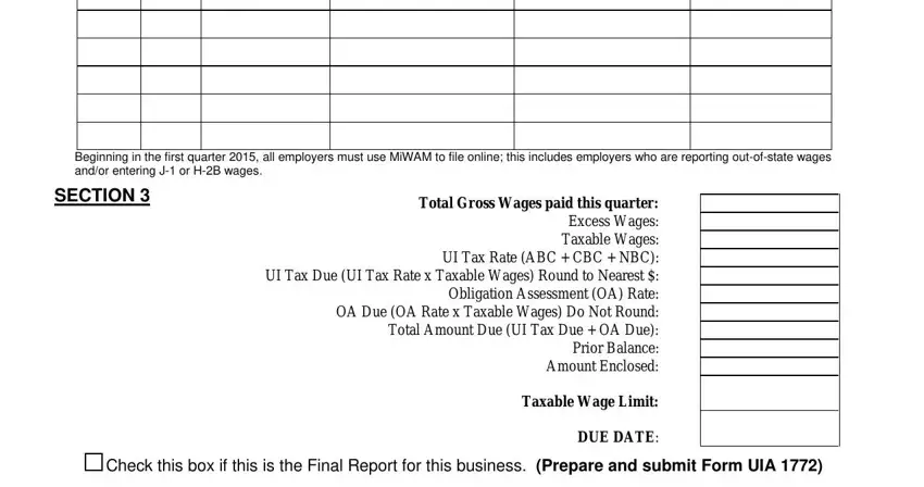 uia 1028 online Beginning in the first quarter, SECTION, Total Gross Wages paid this, Taxable Wage Limit, Check this box if this is the, and DUE DATE blanks to fill