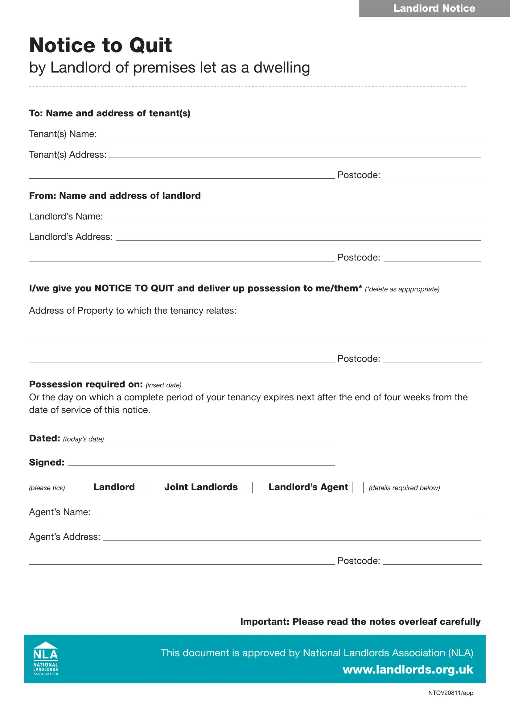 Uk Notice To Quit Form Fill Out Printable PDF Forms Online