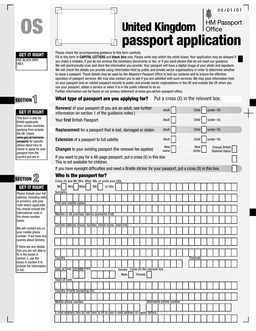 Uk Passport Application Form first page preview