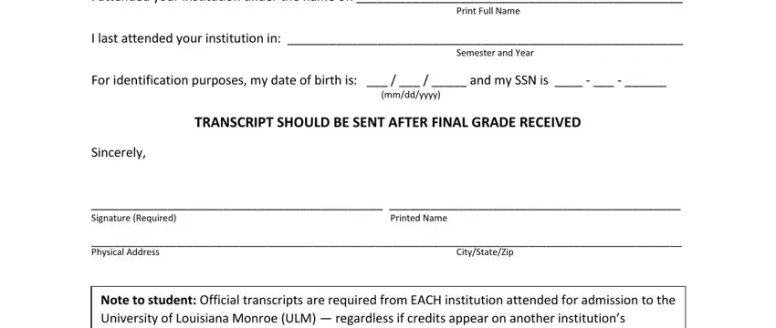 Filling in ulm monroe transcript requet form step 2