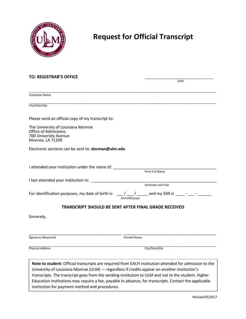 Ulm Transcript Form first page preview