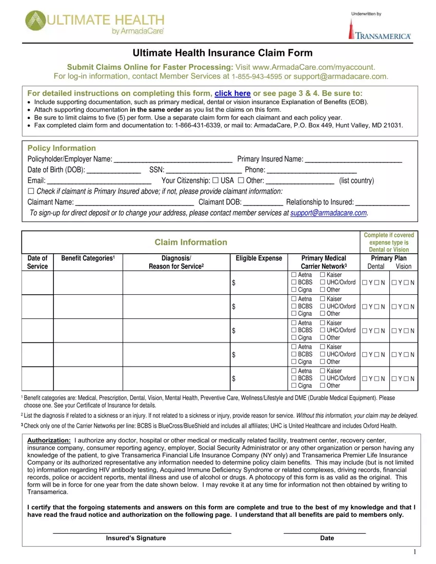 Ultimate Health Insurance Claim Form first page preview