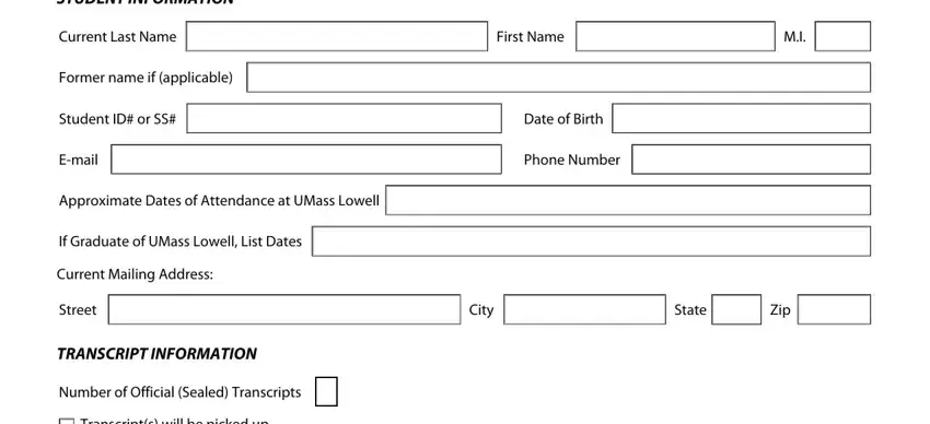 Umass Transcript Request Form blanks to complete