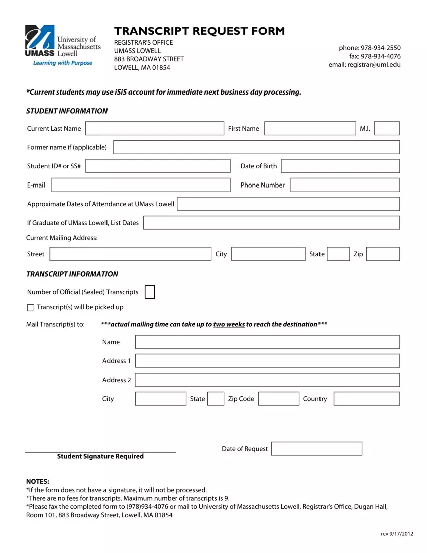 Umass Transcript Request Form first page preview