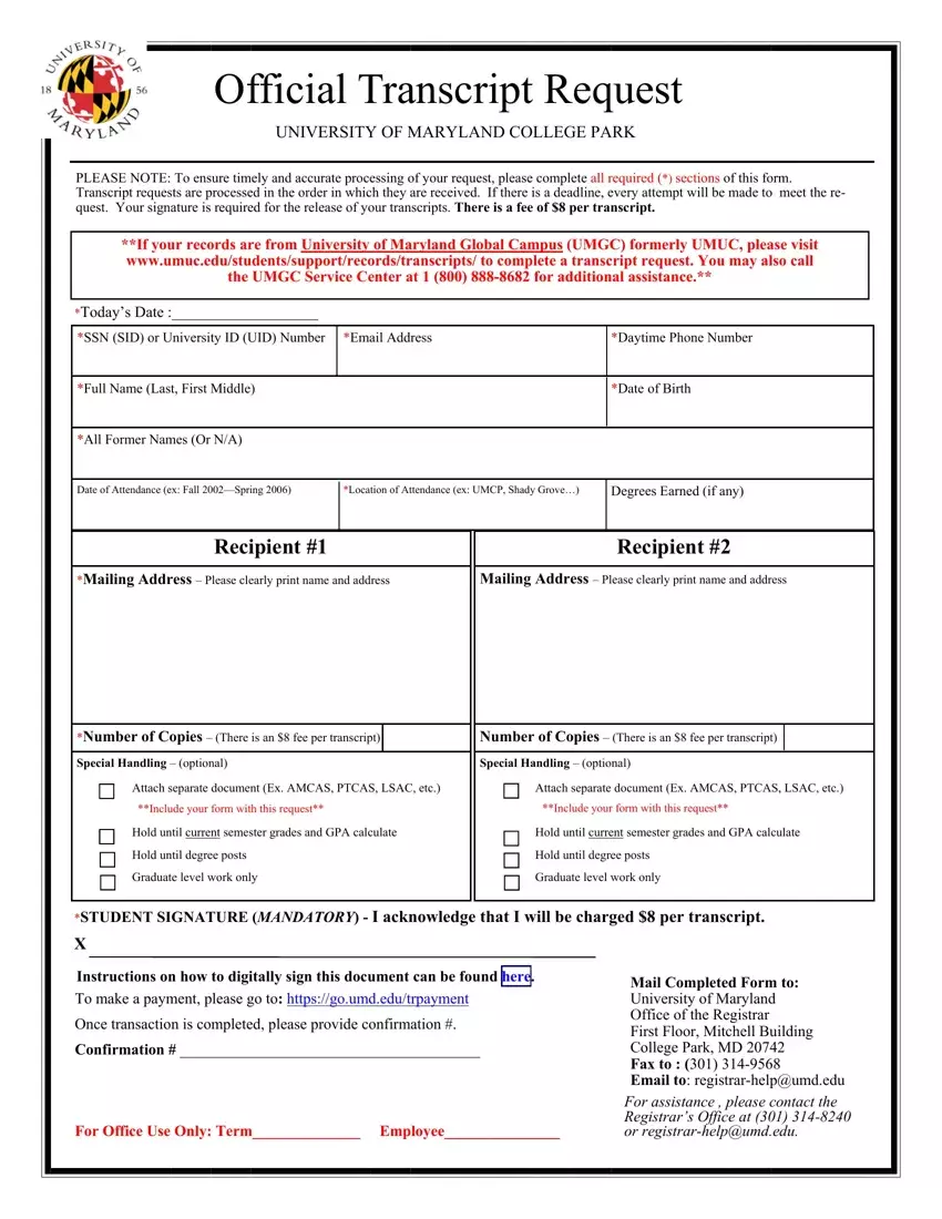 Umuc Transcript Request Form first page preview