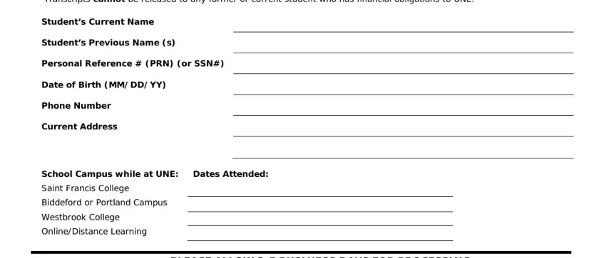 portion of blanks in une transcript request form