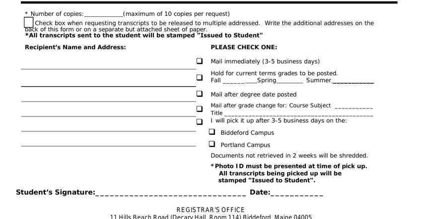 Entering details in une transcript request form stage 2