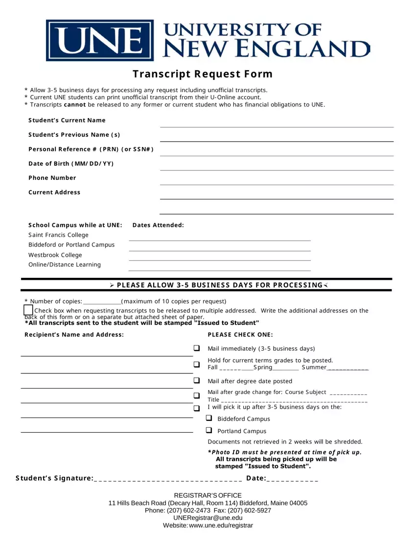 Une Transcript Request Form first page preview