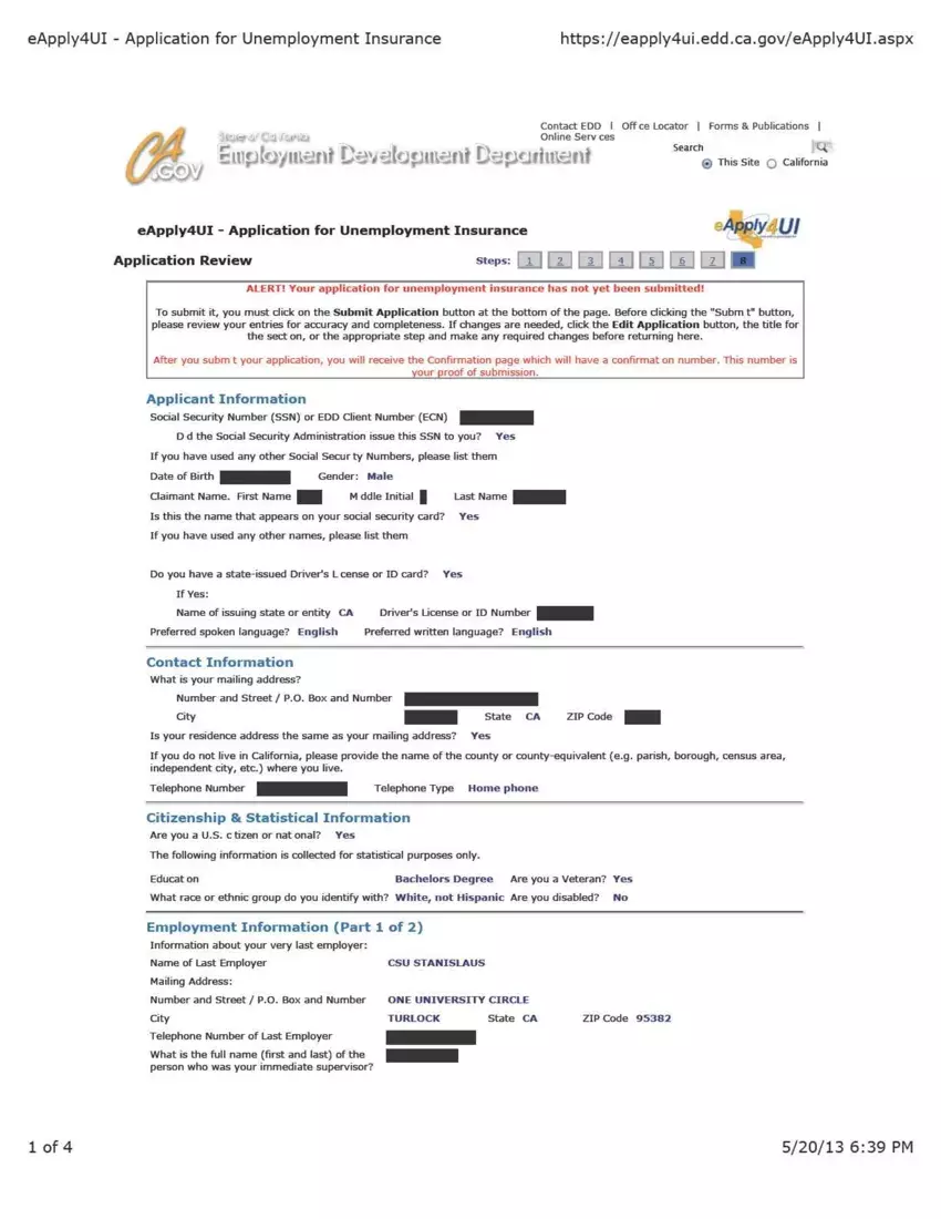 Unemployment Application Form first page preview