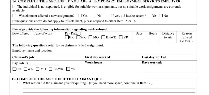 nc clm 500ab form printable available, Wasclaimantofferedanewassignment, Yes, Ifyesdidhesheaccept, Yes, Typeofwork, HRWK, PayRate, BIWK, BIWK, FirstdayworkedWorkhours, Days, Hours, Distancetosite, and ReasonrefusedGoto blanks to fill out