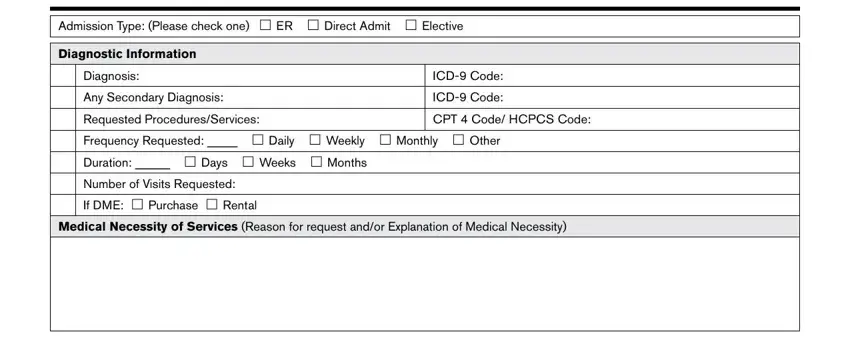 Admission Type Please check one, Diagnostic Information, Diagnosis, Any Secondary Diagnosis, ICD Code, ICD Code, Requested ProceduresServices, CPT  Code HCPCS Code, and Medical Necessity of Services in files